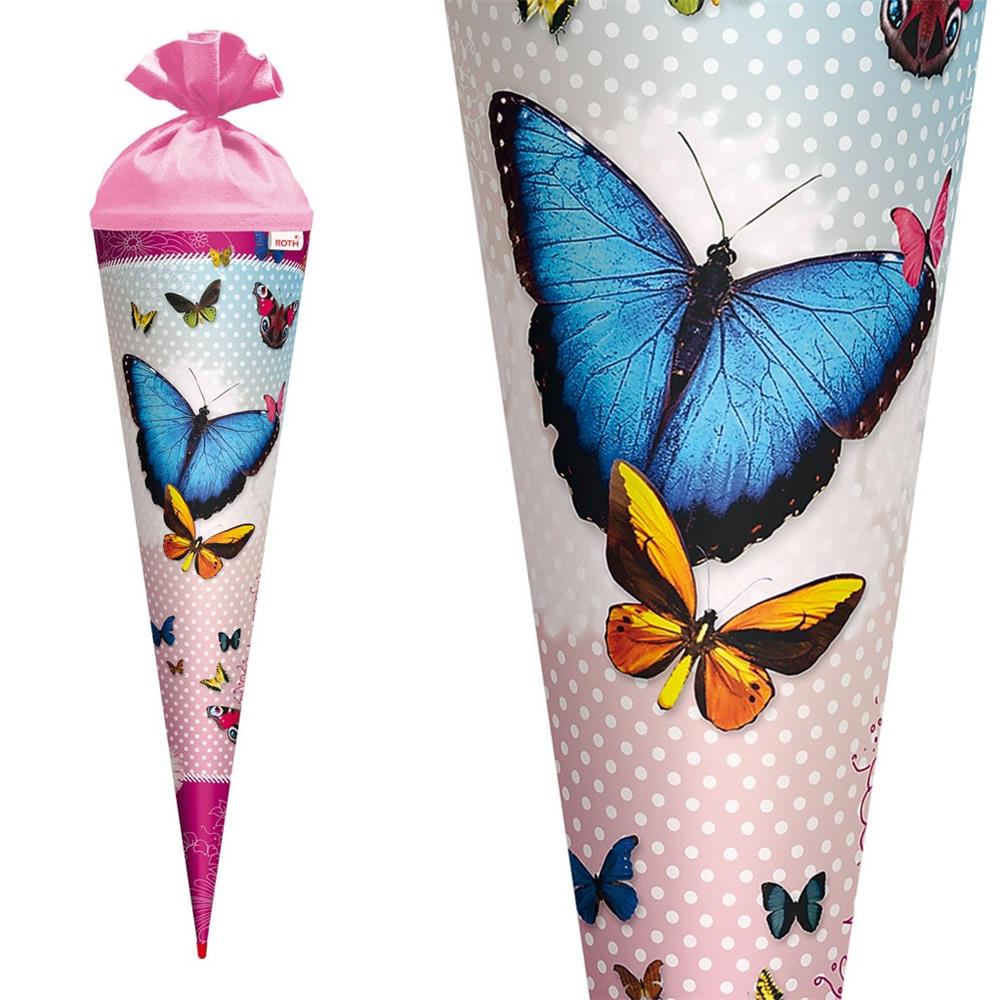 Roth Schultüte Butterfly, 70cm, rund, Rot(h)-Spitze, Filzverschluss, Glitter