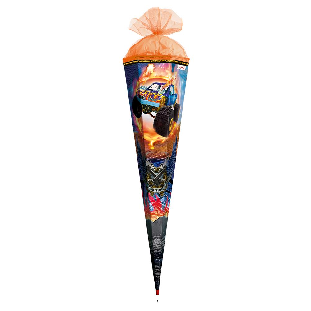 Roth Schultüte Monstertruck Fire, 85cm, eckig, Rot(h)-Spitze, Tüllverschluss