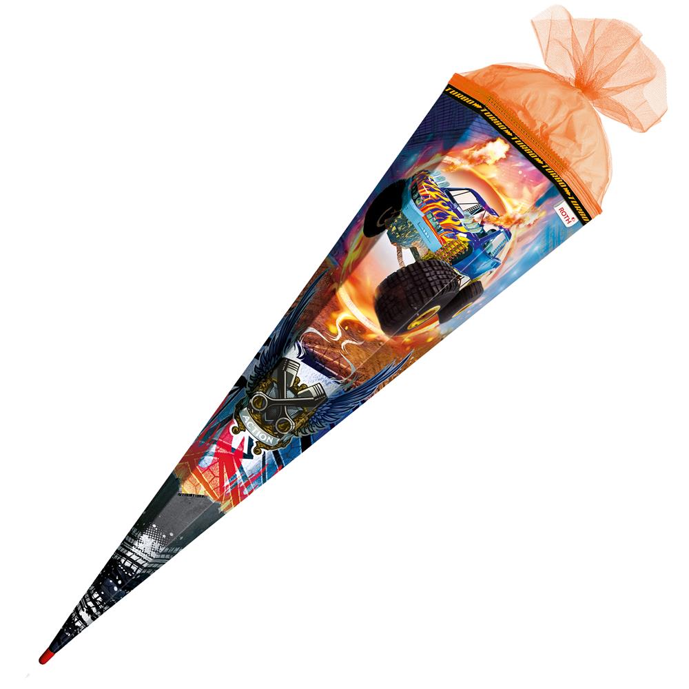 Roth Schultüte Monstertruck Fire, 85cm, eckig, Rot(h)-Spitze, Tüllverschluss, Folieneffekt