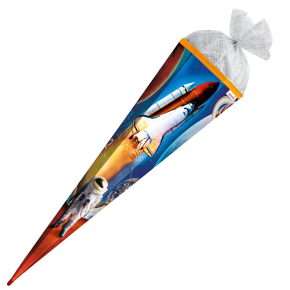 Roth Schultüte Weltraum, 85cm, eckig, Rot(h)-Spitze, Tüllverschluss (Silbertüll)