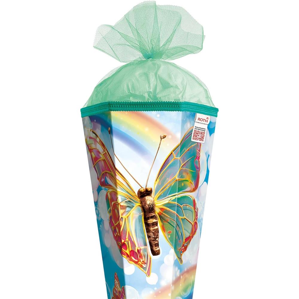 Roth Schultüte Rainbow Butterfly, 85cm, eckig, Rot(h)-Spitze, Tüllverschluss
