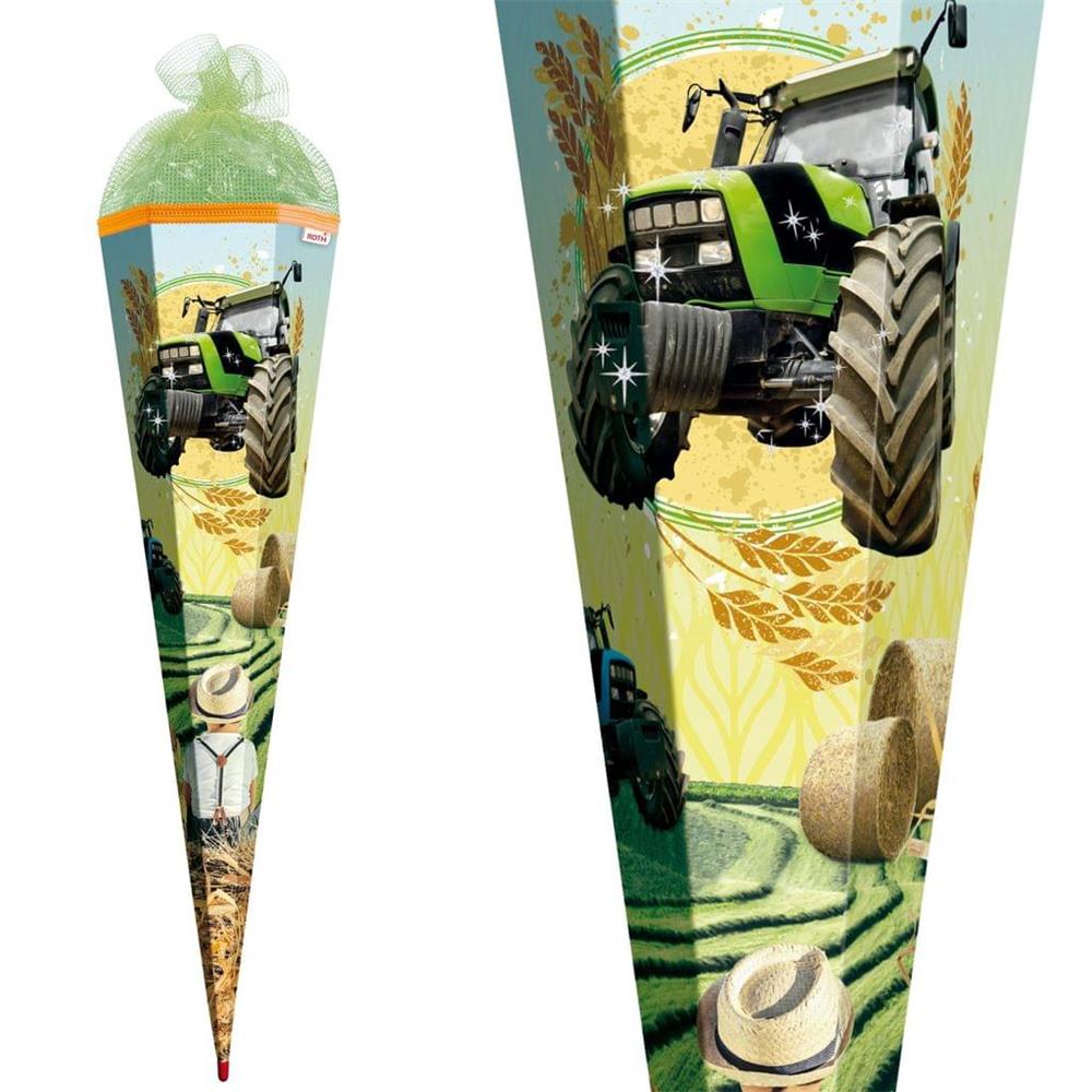 Roth Schultüte Traktor, 85cm, eckig, Rot(h)-Spitze, Netzverschluss, Folieneffekt