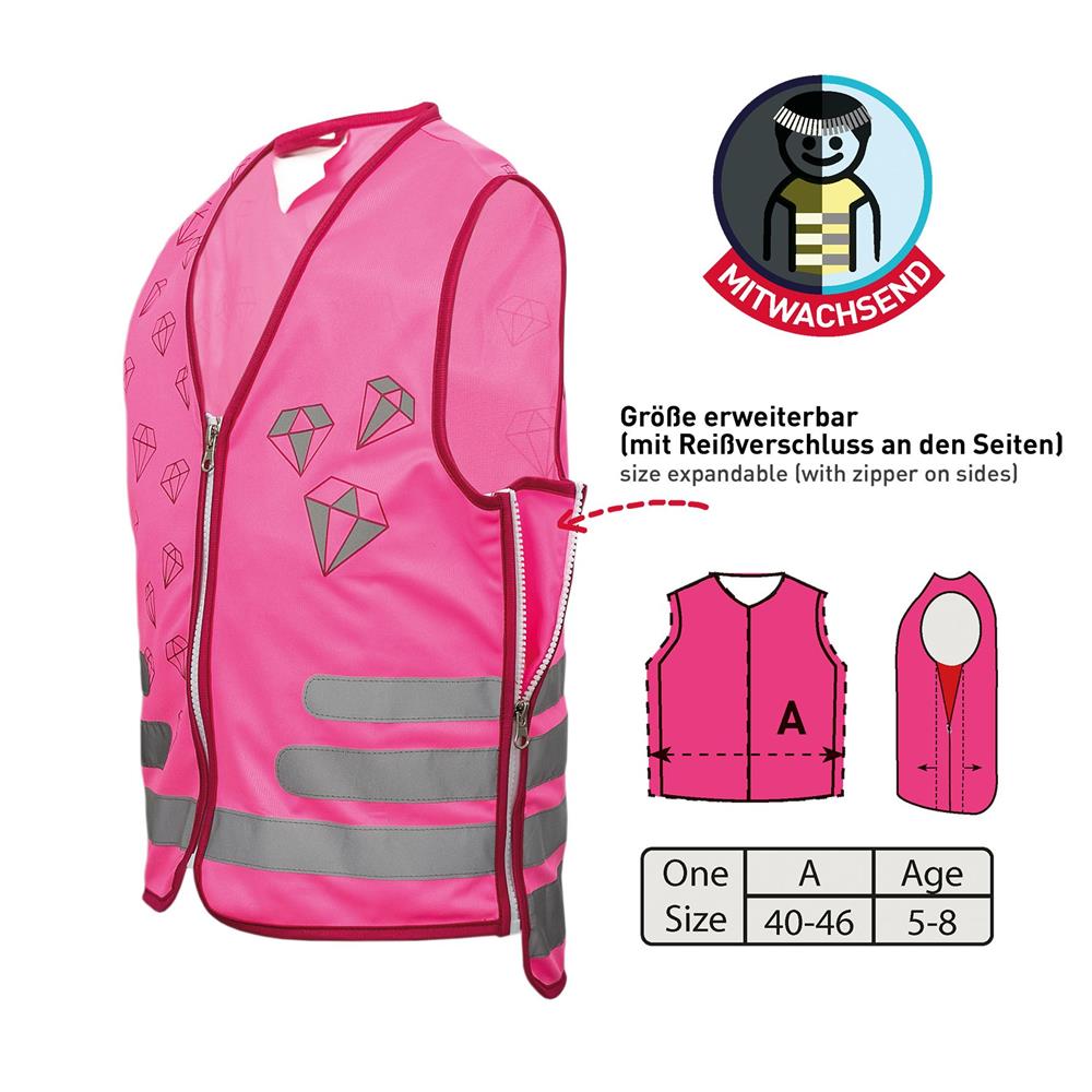Roth ReflActions Warnweste für Kinder Diamant, Pink, mit reflektierenden Elementen, erweiterbar