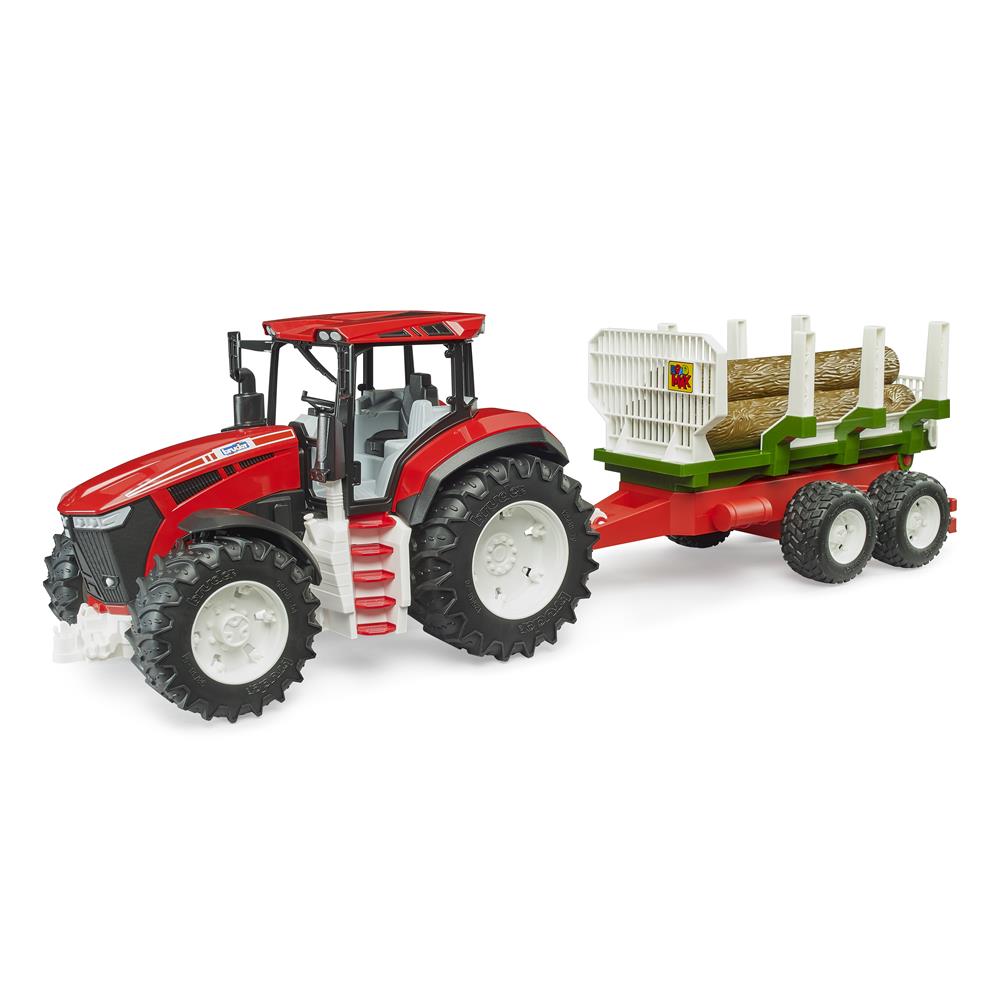 Bruder 03453 – Roadmax Traktor mit Rückeanhänger und 3 Baumstämmen, ab 2 Jahren