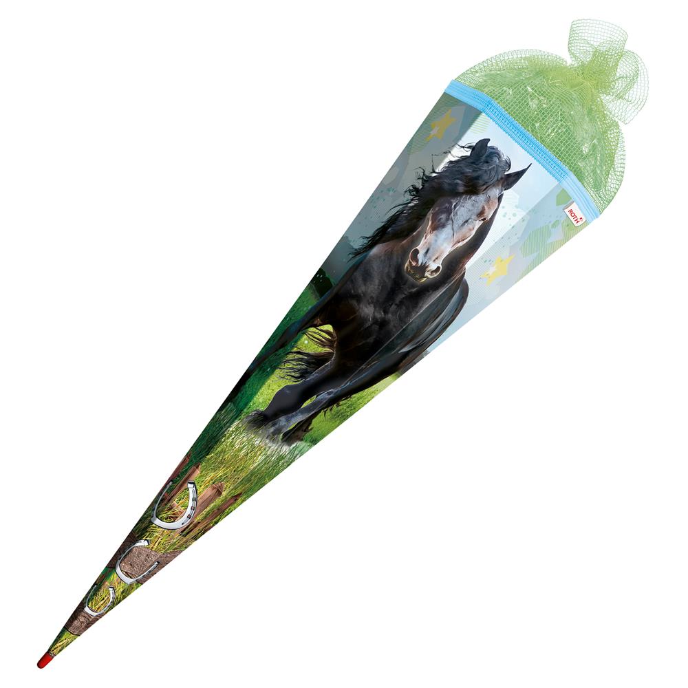 Roth Schultüte Power Pferd, 85cm, eckig, Rot(h)-Spitze, Tüllverschluss (Netztüll)