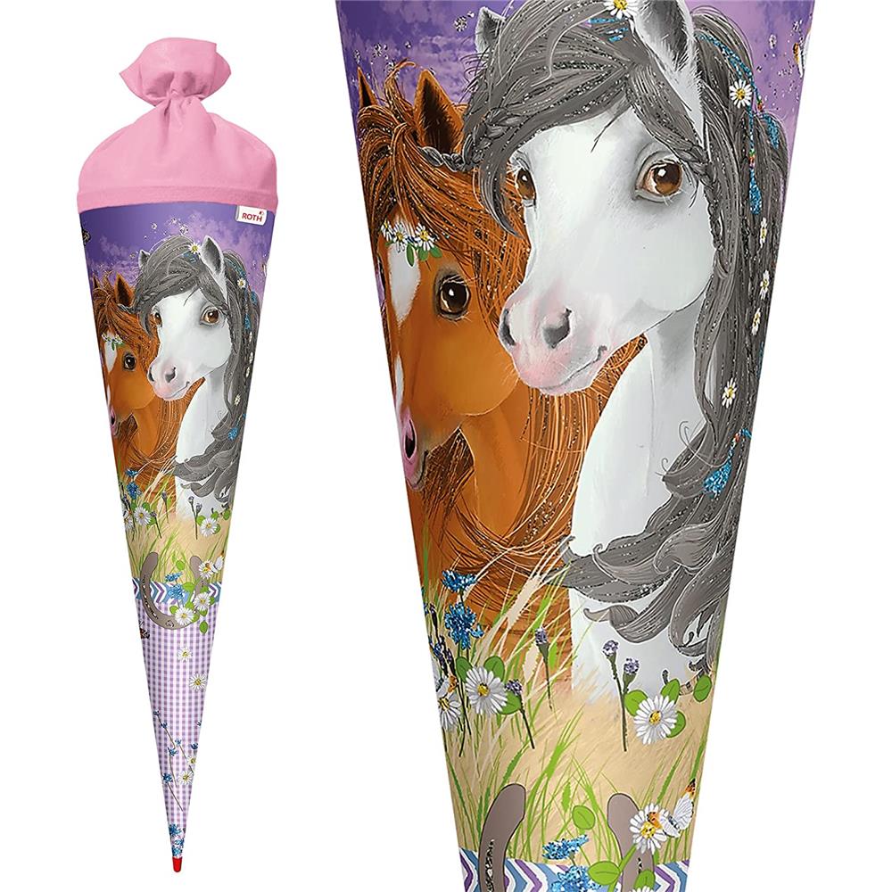 Roth Schultüte Blumenpferde, 70cm, rund, Rot(h)-Spitze, Filzverschluss, Glitter
