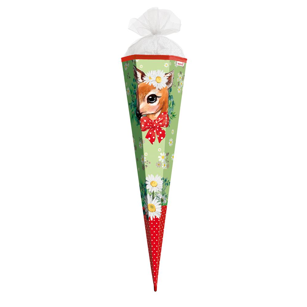 Roth Schultüte Reh, 85cm, eckig, Rot(h)-Spitze, Tüllverschluss