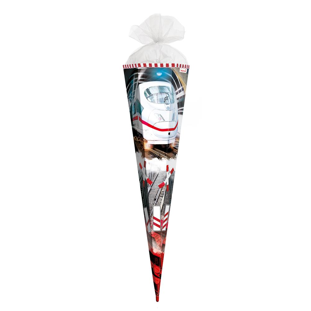 Roth Schultüte Schnellzug, 85cm, eckig, Rot(h)-Spitze, Tüllverschluss, Folieneffekt