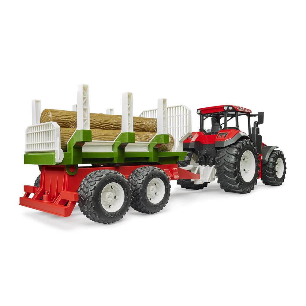 Bruder 03453 – Roadmax Traktor mit Rückeanhänger und 3 Baumstämmen, ab 2 Jahren
