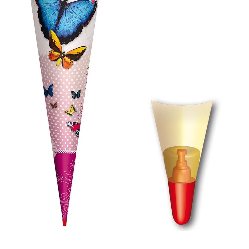 Roth Schultüte Butterfly, 70cm, rund, Rot(h)-Spitze, Filzverschluss, Glitter