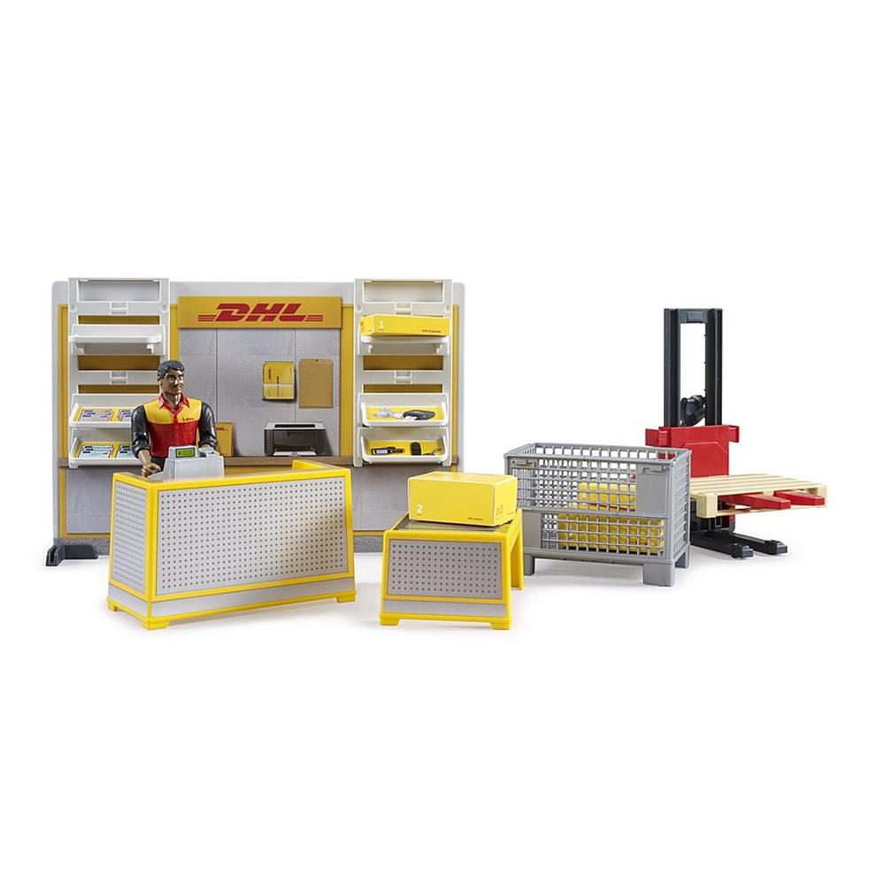 Bruder 62251 - bworld DHL Paketshop mit Handhubstapler und Figur