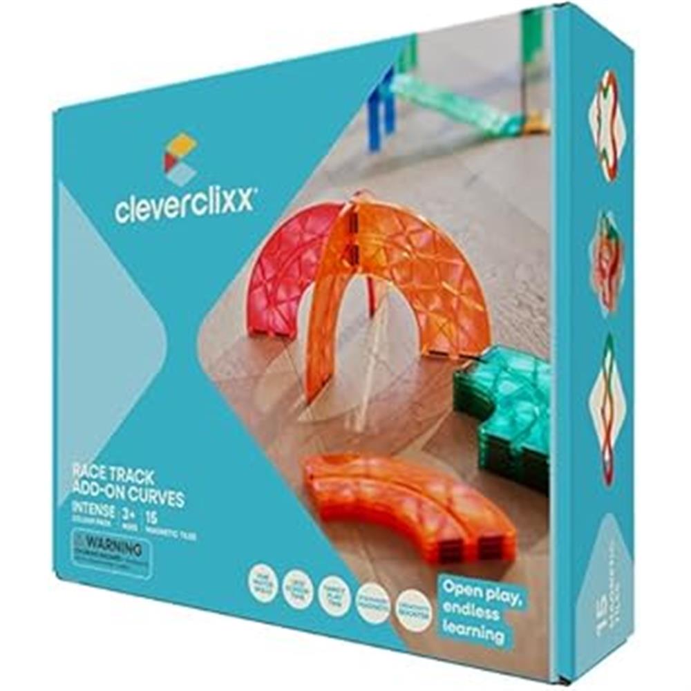 Cleverclixx Autobahn-Bausatz Erweiterungsset 15 Kurven Knallfarben, Rennstrecke, magnetische Bausteine