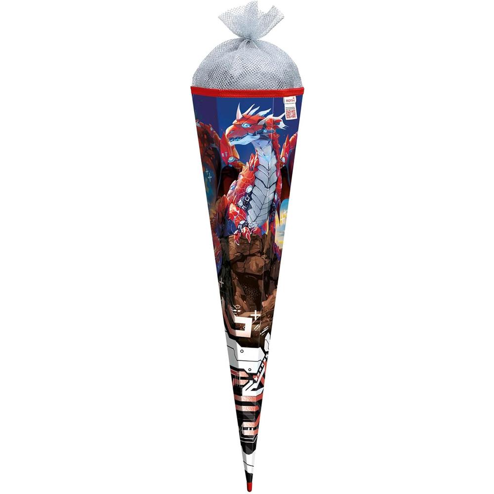Roth Schultüte Robo Drache, 85cm, eckig, Rot(h)-Spitze, Tüllverschluss (Silbertüll), Folieneffekt