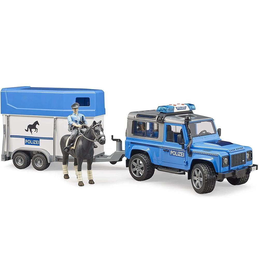 Bruder 02588 - Land Rover Defender Polizeifahrzeug, Pferdeanhänger, Pferd und Polizist