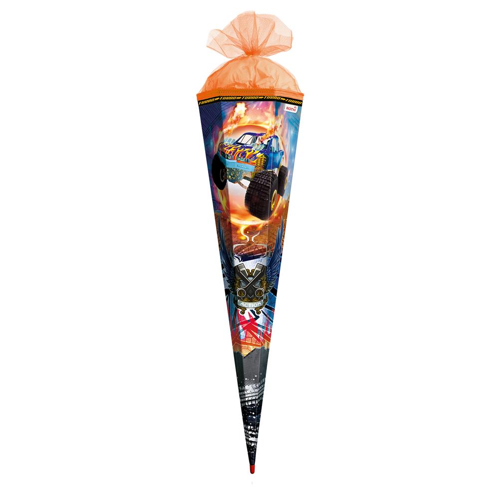 Roth Schultüte Monstertruck Fire, 85cm, eckig, Rot(h)-Spitze, Tüllverschluss, Folieneffekt