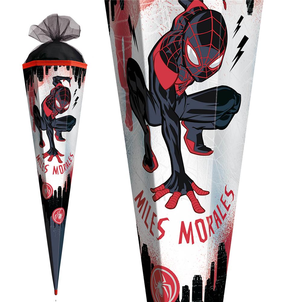 Roth Schultüte Marvel Spiderman (Miles Morales), 85cm, eckig, Rot(h)-Spitze, Tüllverschluss, Folieneffekt
