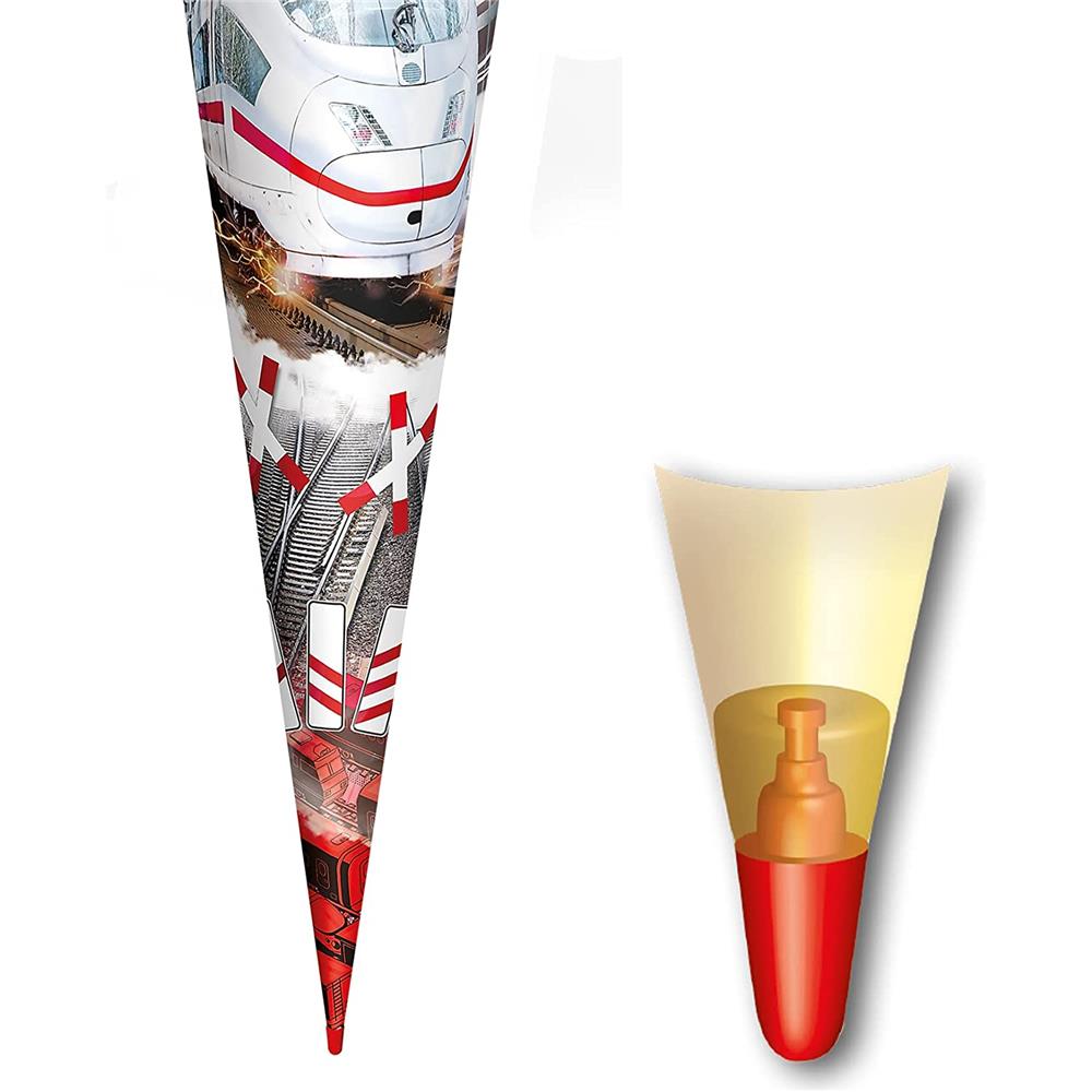 Roth Schultüte Schnellzug, 70cm, rund, Rot(h)-Spitze, Filzverschluss, Folieneffekt