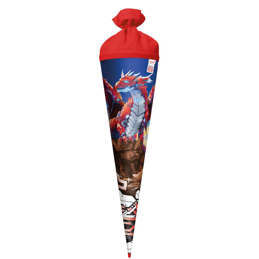 Roth Schultüte Robo Drache, 70cm, rund, Rot(h)-Spitze, Filzverschluss, Folieneffekt