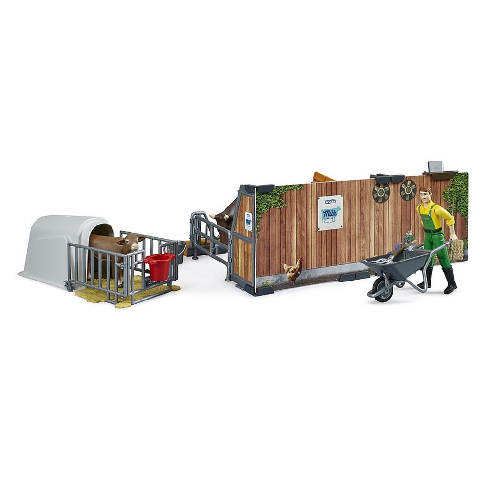 Bruder 62611 - bworld Kuh- und Kälberstall mit Landwirt, Kuh und Kalb