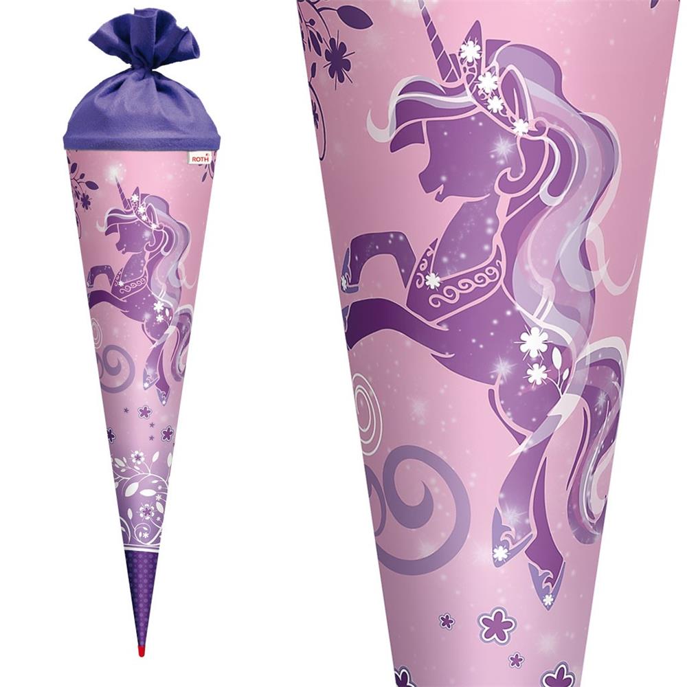 Roth Schultüte Einhorn Purple Unicorn, 70cm, rund, Rot(h)-Spitze, Filzverschluss, Glitter
