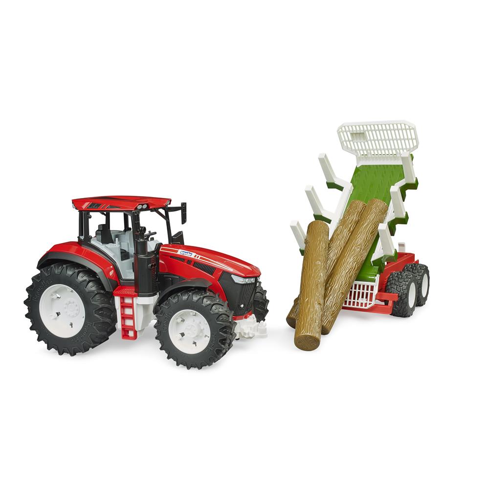 Bruder 03453 – Roadmax Traktor mit Rückeanhänger und 3 Baumstämmen, ab 2 Jahren