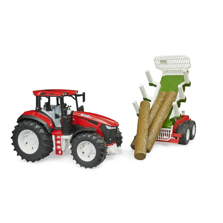 Bruder 03453 – Roadmax Traktor mit Rückeanhänger und 3 Baumstämmen, ab 2 Jahren