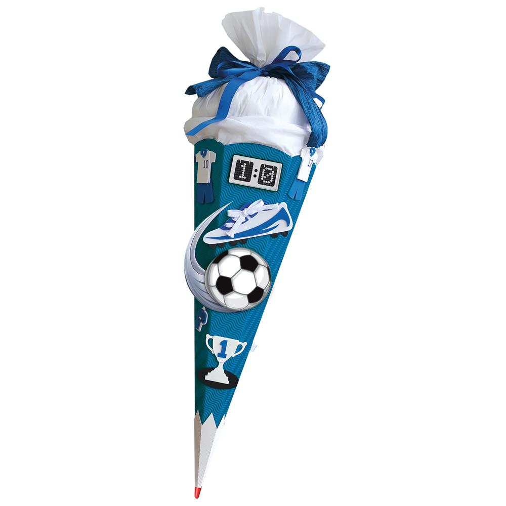 Roth Schultüte-Bastelset, Fußballer/Soccer (blau), 68cm, eckig, Rot(h)-Spitze, Kreppverschluss