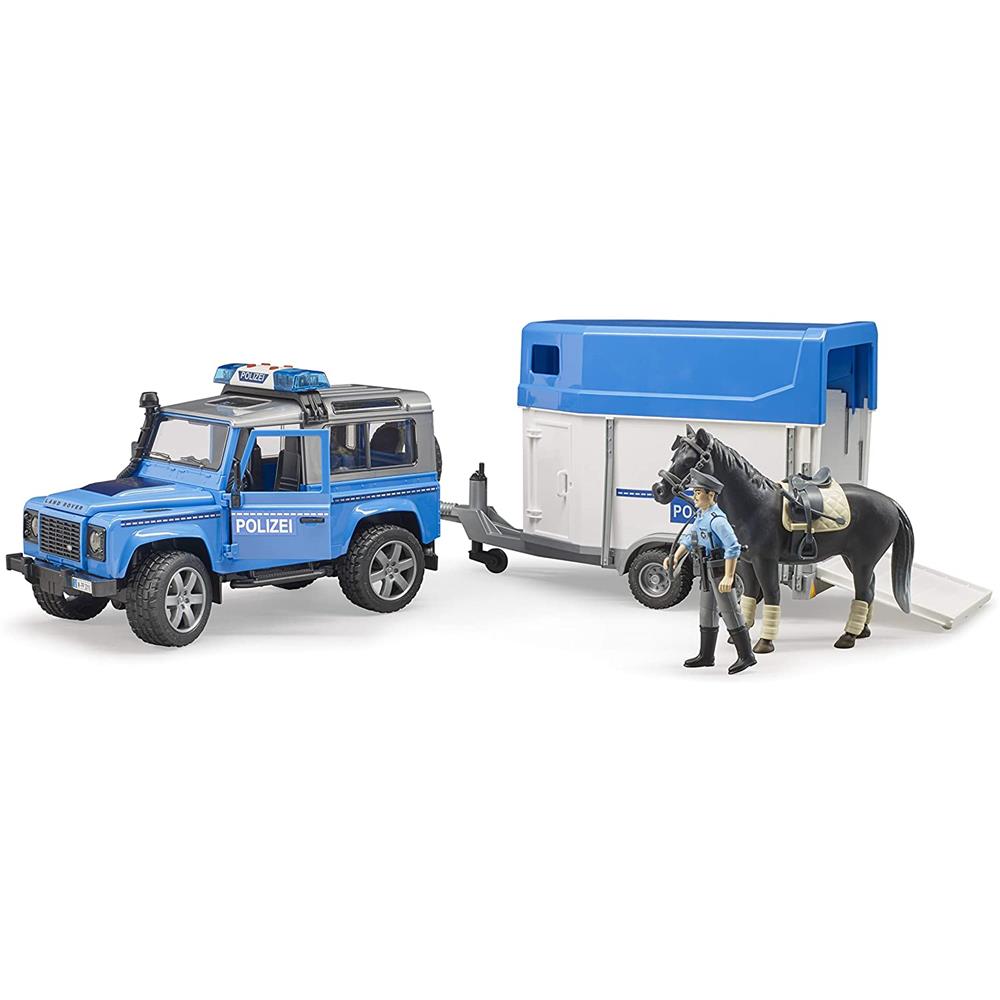Bruder 02588 - Land Rover Defender Polizeifahrzeug, Pferdeanhänger, Pferd und Polizist