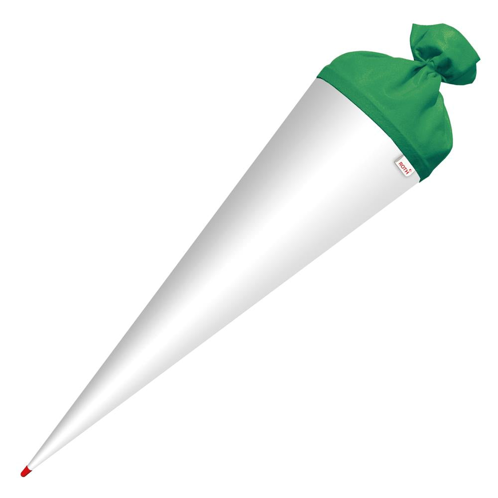 Roth Schultüte-Rohling/Basteltüte, weiß, 70cm, rund, Rot(h)-Spitze, mit Filzverschluss (grün)
