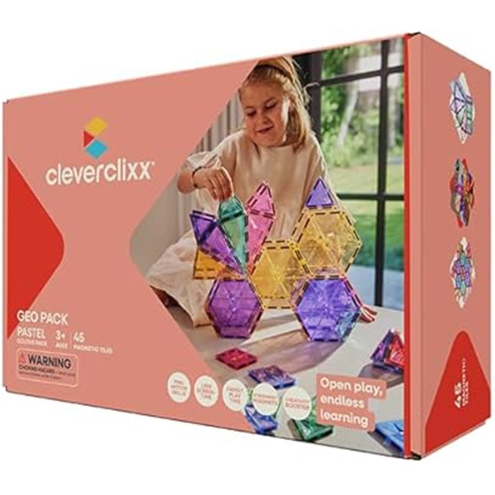 Cleverclixx Geometrie-Bausatz in Pastellfarben 45 Teile, geometrische Bausteine, Magnetspielzeug