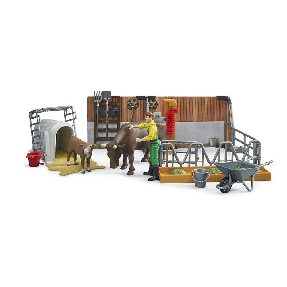 Bruder 62611 - bworld Kuh- und Kälberstall mit Landwirt, Kuh und Kalb