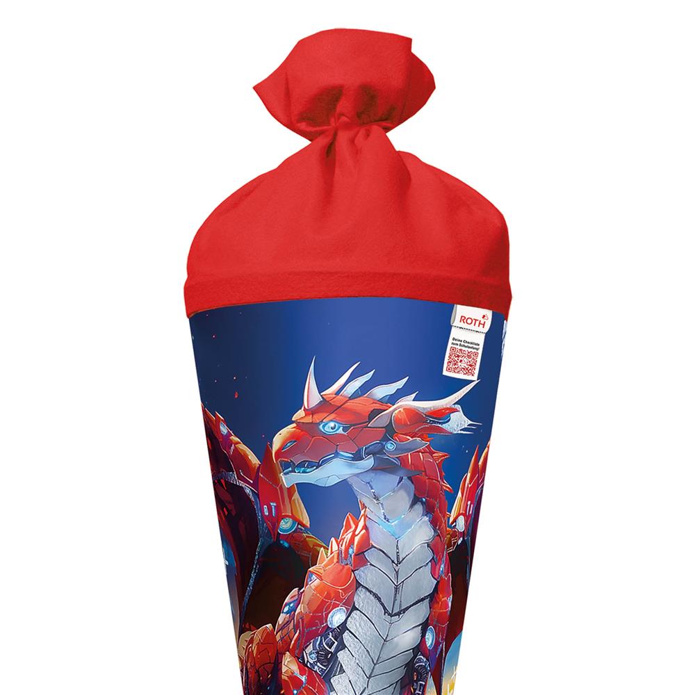 Roth Schultüte Robo Drache, 70cm, rund, Rot(h)-Spitze, Filzverschluss, Folieneffekt