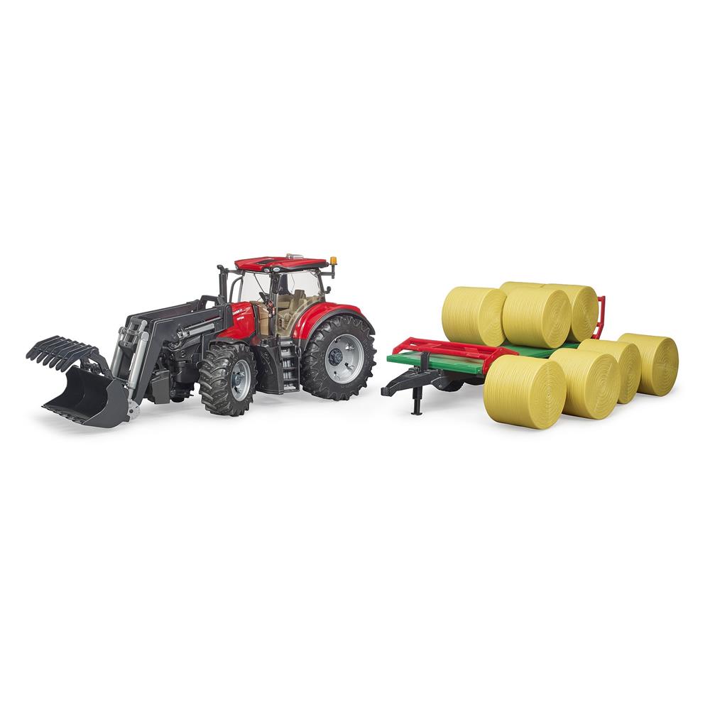 Bruder 03198 - Case IH Optum 300CVX mit Frontlader und Ballentransportanhänger mit 8 Rundballen