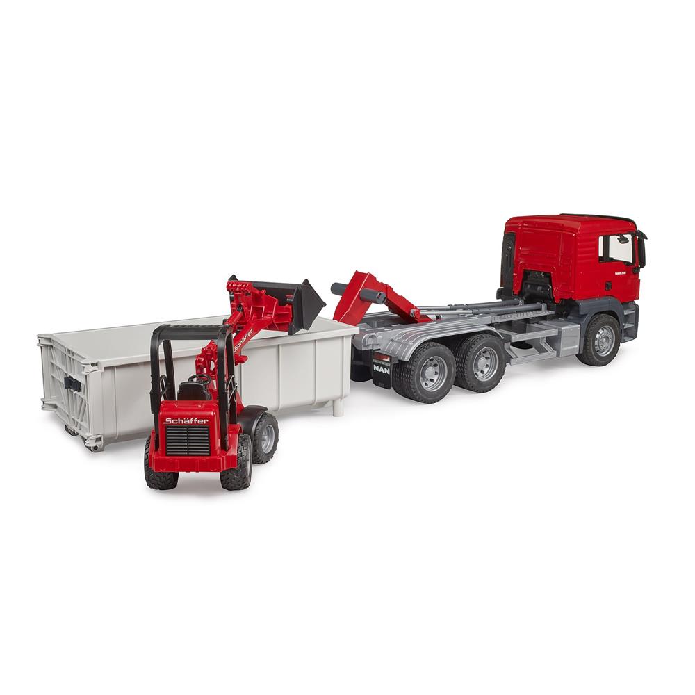 Bruder 03767 - MAN TGS LKW mit Abrollcontainer + Schäffer Hoflader 2630, 1:16