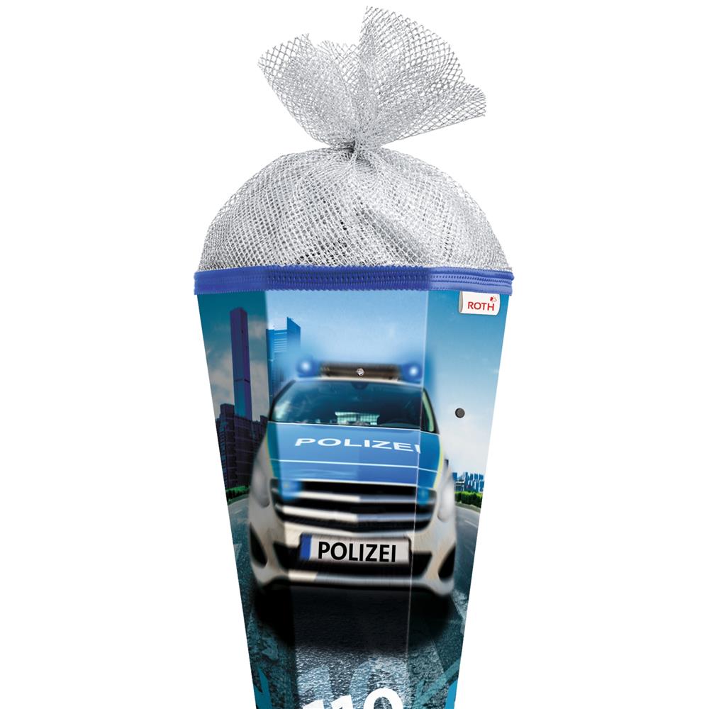 Roth Schultüte Polizei 110, 85cm, eckig, Rot(h)-Spitze, Tüllverschluss (Silbertüll), mit Licht & Sound