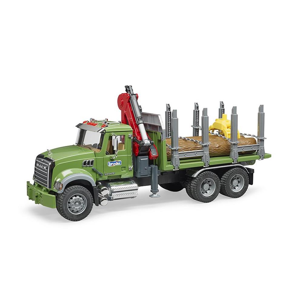 Bruder 02824 - MACK Granite Holztransport LKW, Ladekran, Greifer + 3 Baumstämmen