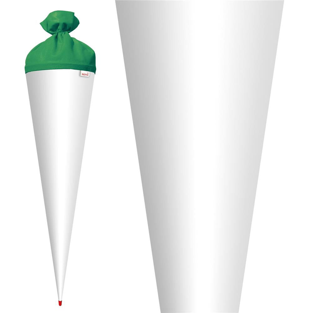 Roth Schultüte-Rohling/Basteltüte, weiß, 70cm, rund, Rot(h)-Spitze, mit Filzverschluss (grün)