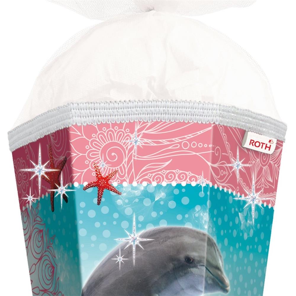 Roth Schultüte Delfin & Seesterne, 85cm, eckig, Rot(h)-Spitze, Tüllverschluss, Glitter, Glitzerborte