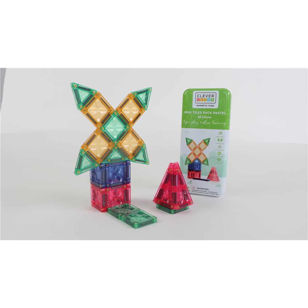 Cleverclixx Mini Tiles Pack Pastellfarben 28 Teile, kompaktes Design für unterwegs ToGo, inklusive Aufbewahrungsbox, Magnetspielzeug