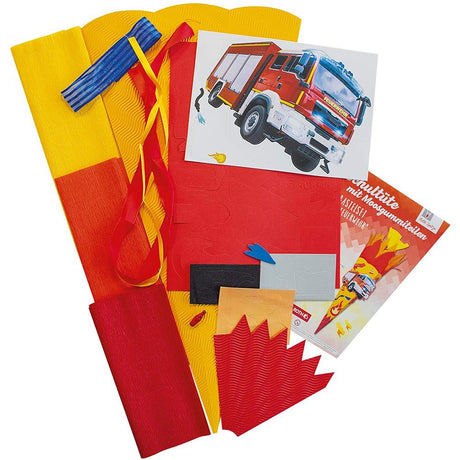 Roth Schultüte-Bastelset, Feuerwehr, 68cm, eckig, Rot(h)-Spitze, Kreppverschluss