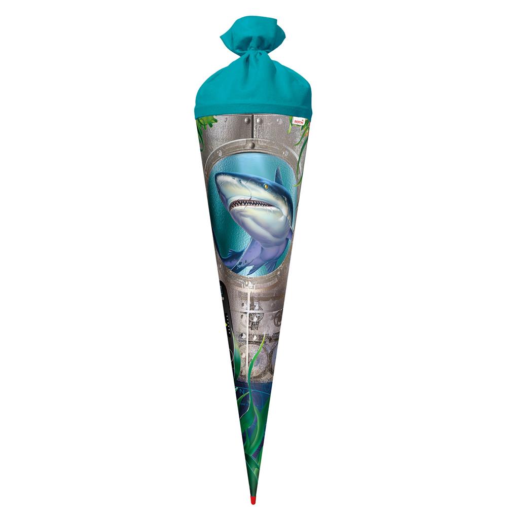 Roth Schultüte Hai, 70cm, rund, Rot(h)-Spitze, Filzverschluss, Folieneffekt