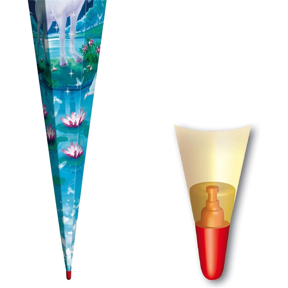 Roth Schultüte Mondscheineinhorn mit Glitter, 85cm, eckig, mit Rot(h)-Spitze und rosa Tüllverschluss
