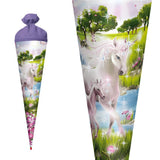 Roth Schultüte Einhorn mit Fohlen, 70cm, rund, Rot(h)-Spitze, Filzverschluss, Glitter