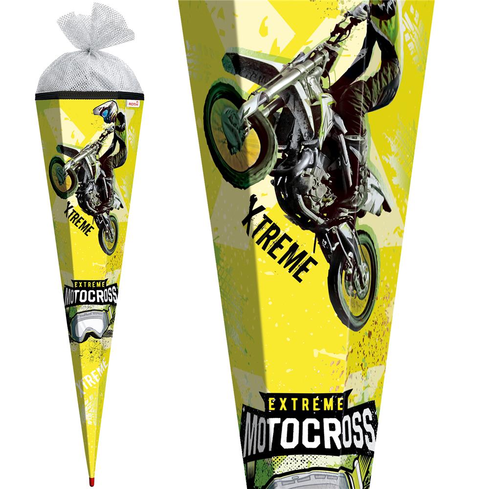 Roth Schultüte Extreme Motocross mit Glanzfolie, 85cm, eckig, mit Rot(h)-Spitze und silbernen Tüllverschluss