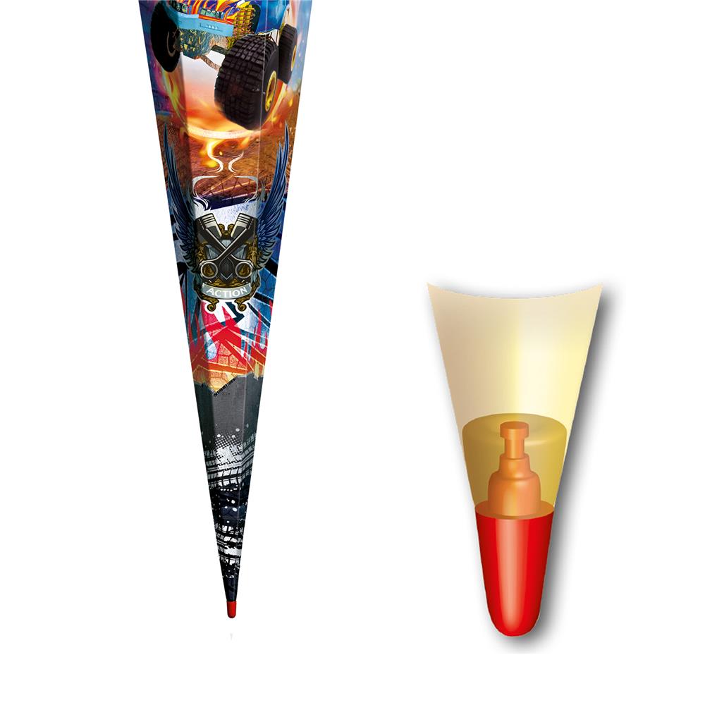Roth Schultüte Monstertruck Fire, 85cm, eckig, Rot(h)-Spitze, Tüllverschluss, Folieneffekt