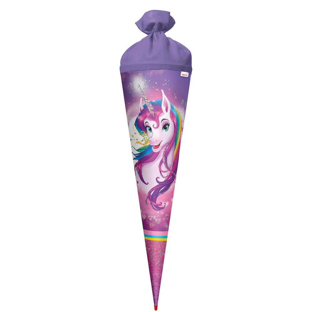 Roth Schultüte Einhornportrait, 70cm, rund, Rot(h)-Spitze, Filzverschluss, Glitter