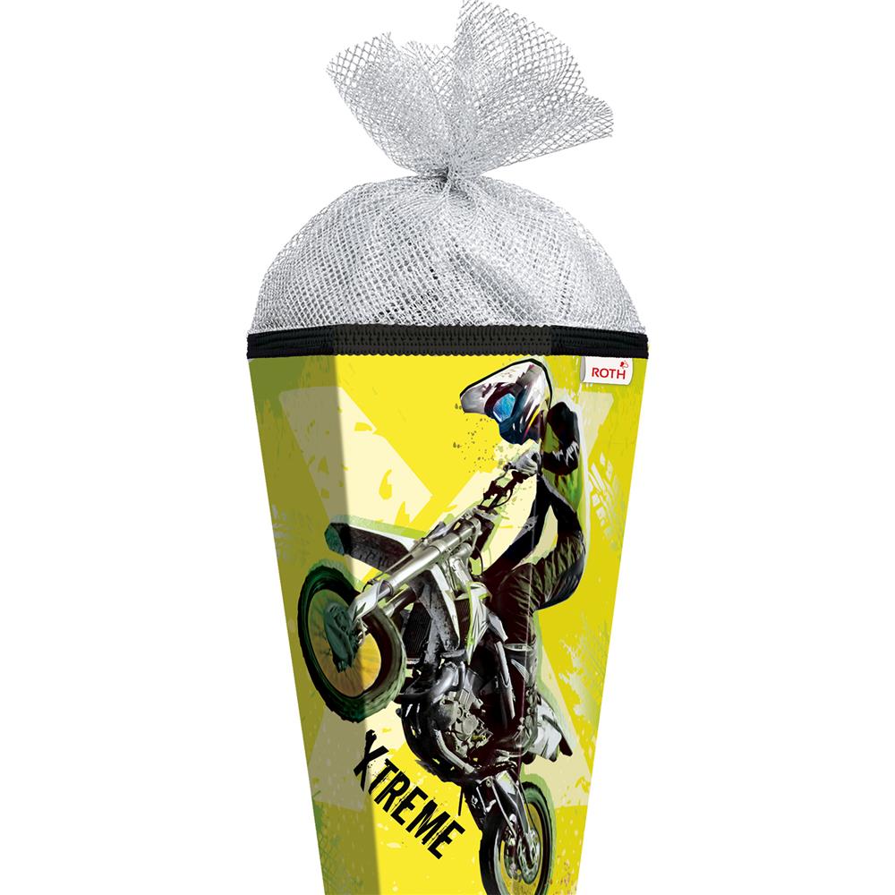 Roth Schultüte Extreme Motocross mit Glanzfolie, 85cm, eckig, mit Rot(h)-Spitze und silbernen Tüllverschluss