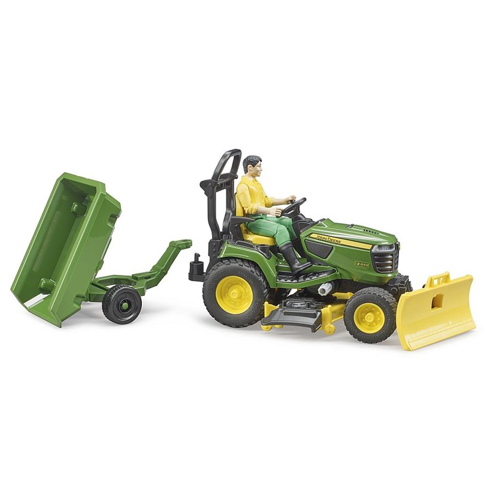 Bruder 62104 - bworld John Deere Aufsitzrasenmäher mit Anhänger und Gärtner