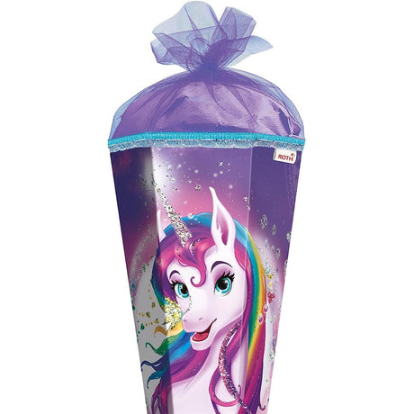 Roth Schultüte Einhornportrait, 85cm, eckig, Rot(h)-Spitze, Tüllverschluss, Glitzer