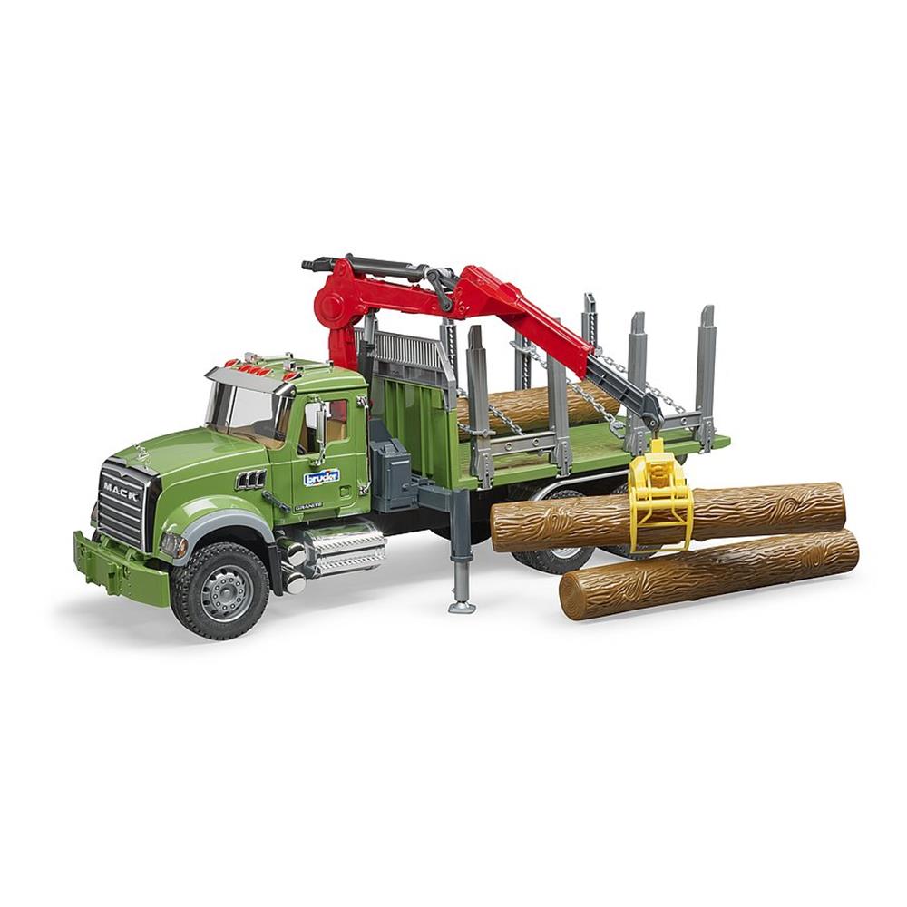 Bruder 02824 - MACK Granite Holztransport LKW, Ladekran, Greifer + 3 Baumstämmen